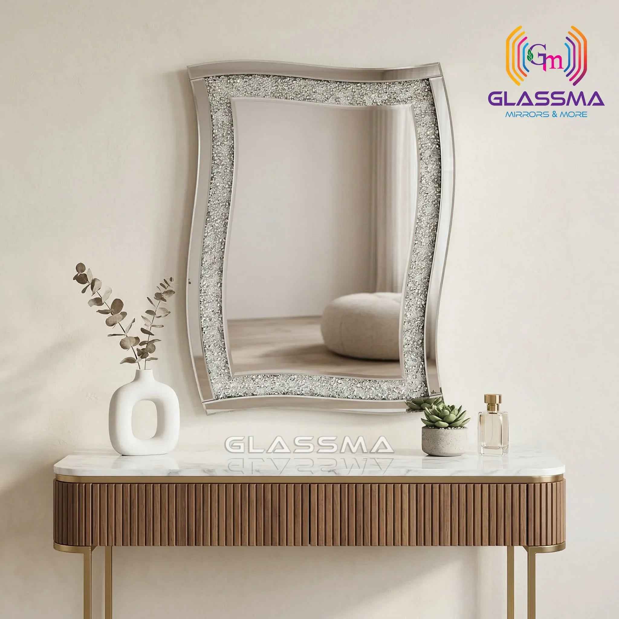 Diamond Decorative Wall Mirror - Luxury Crystal Inlay Designer Mirror - Glassma